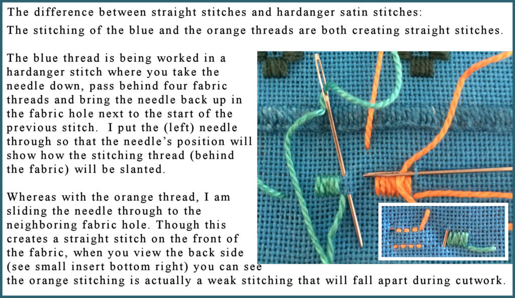 Hardanger satin vs straight stitches