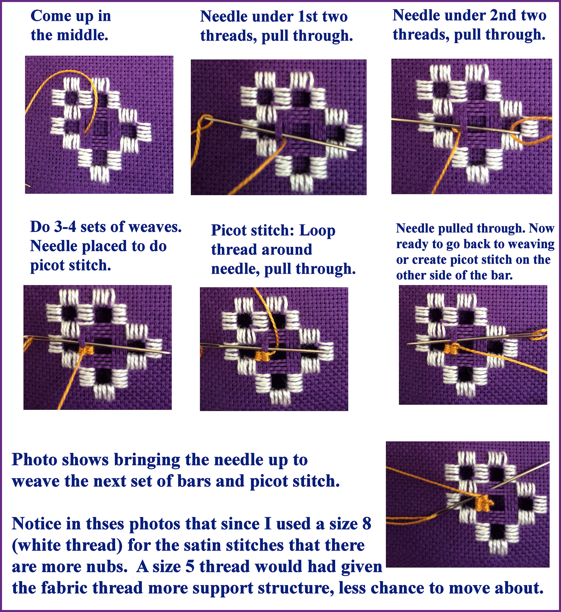Hardanger Bar weaving and Picot stitches NoelleFrancesDesigns